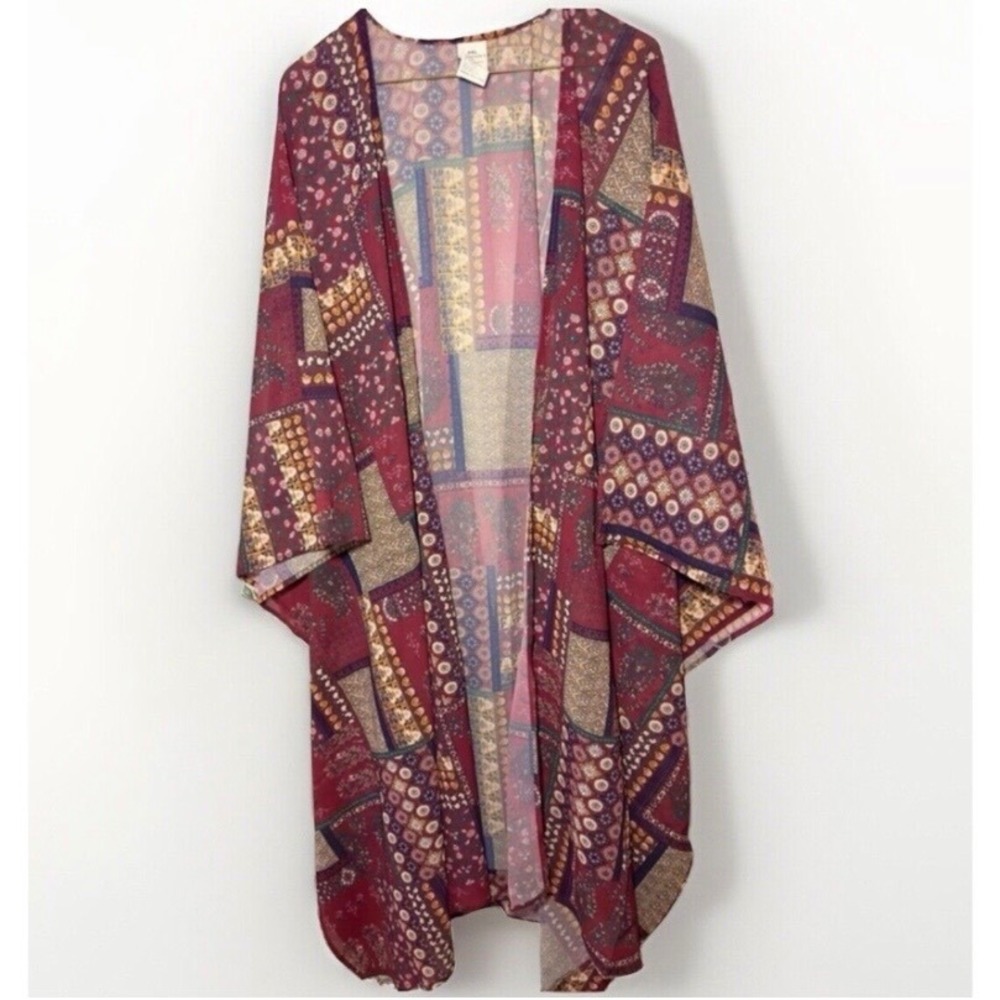 Womens 2XL Burgundy Patchwork Floral Paisley Sheer Kimono Wrap Cardigan Boho - Picture 3 of 7